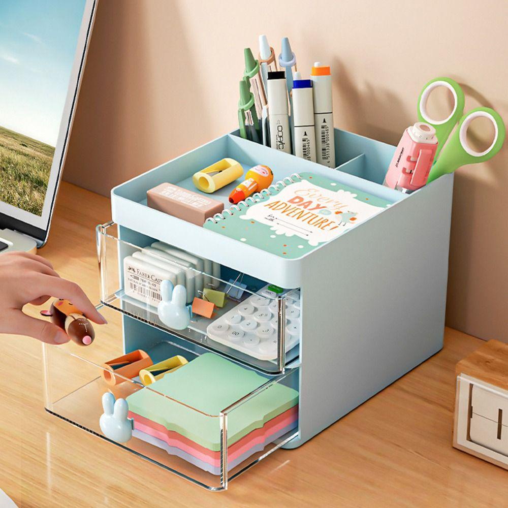 R-flower Pen Holder Multi Fungsi Dengan Laci Transparan Banyak Kompartemen Tempat Alat Tulis Desktop Organizer