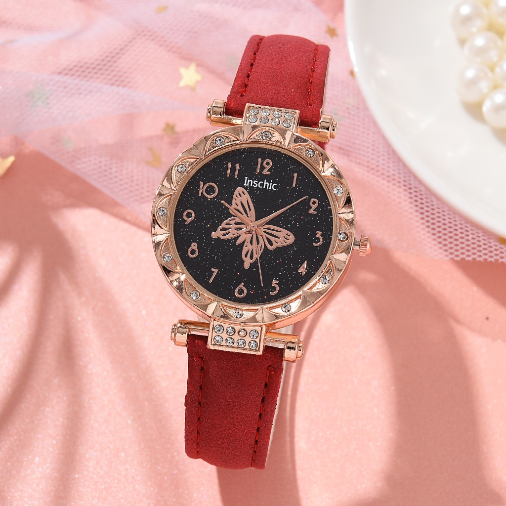 Jam Tangan Wanita Baru Set Jam Tangan Berlian Kupu-Kupu + Gelang Fashion Jam Tangan Wanita Retro（No Box）