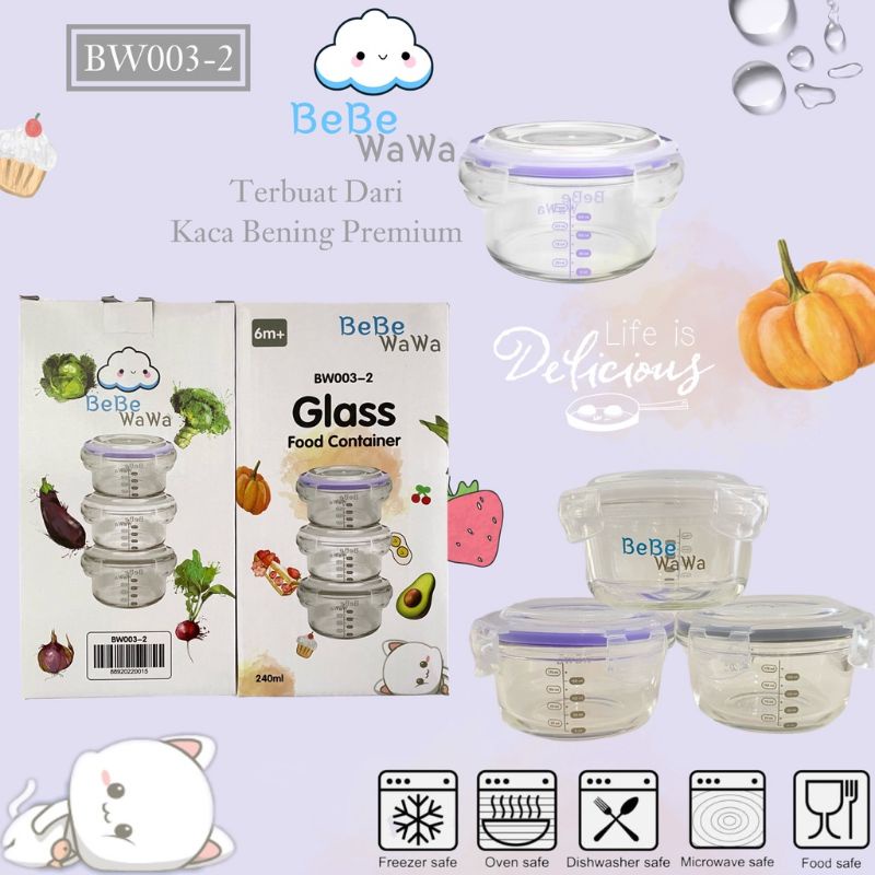 Bebe Wawa Baby Food Glass Container Silicone Lid BW002- 180ml BW003-2 240ml BW007-1 160ml BW007-2 180ML- Bebewawa Wadah Tempat Mpasi Bayi Kaca Tutup Silikon Lid - Tepak Makan Kaca Beling