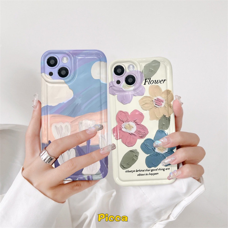 IPHONE Case Bunga Lukisan Cat Minyak Kompatibel Untuk Iphone6 6S 7 8 Plus XR 11 14 13 12 Pro MAX X XS MAX Fresh Art Flower Tulips Shockproof Airbag Bening Lembut TPU Silicon Phone Back Cover