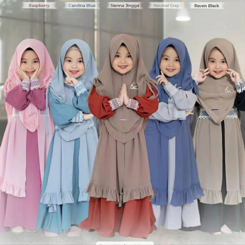 Abhimaya syari kids set khimar gamis anak usia 3-5 tahun (L) 6-8 tahun (XL) bahan ceruty