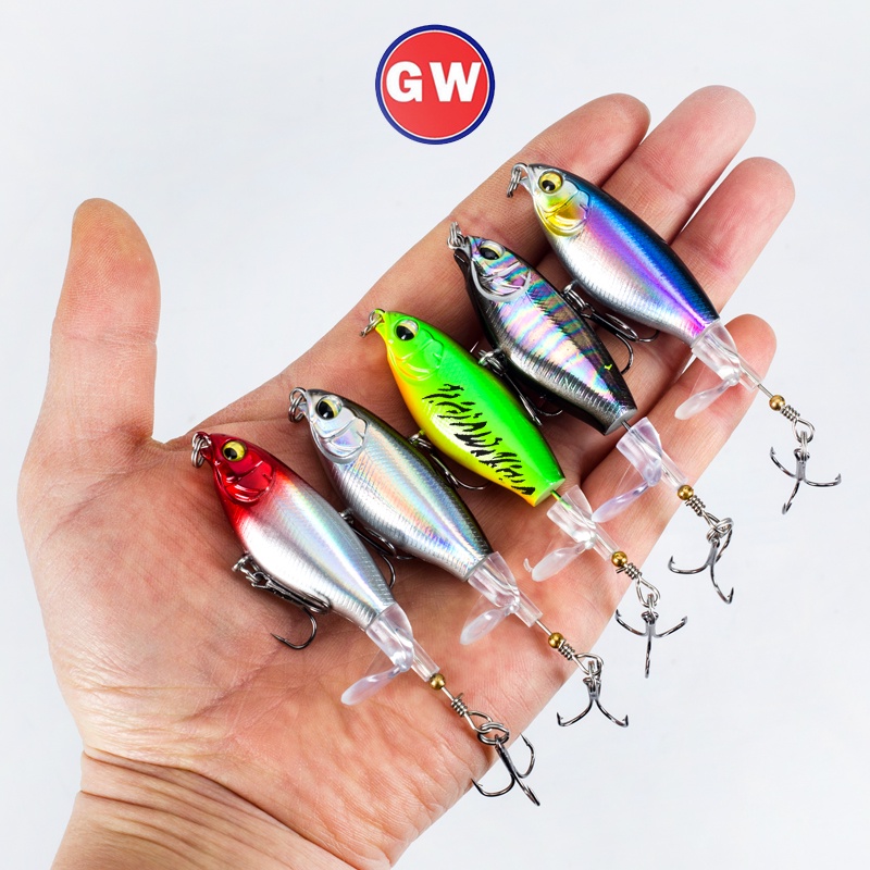 5warna Umpan Pancing Topwater 1PCS 7.5/9.5cm Plastik Berputar Ekor Ikan Kecil Pintail Bass Lures 3D Mata Whopper Plopper Dengan 2kait Treble Aksesoris Memancing