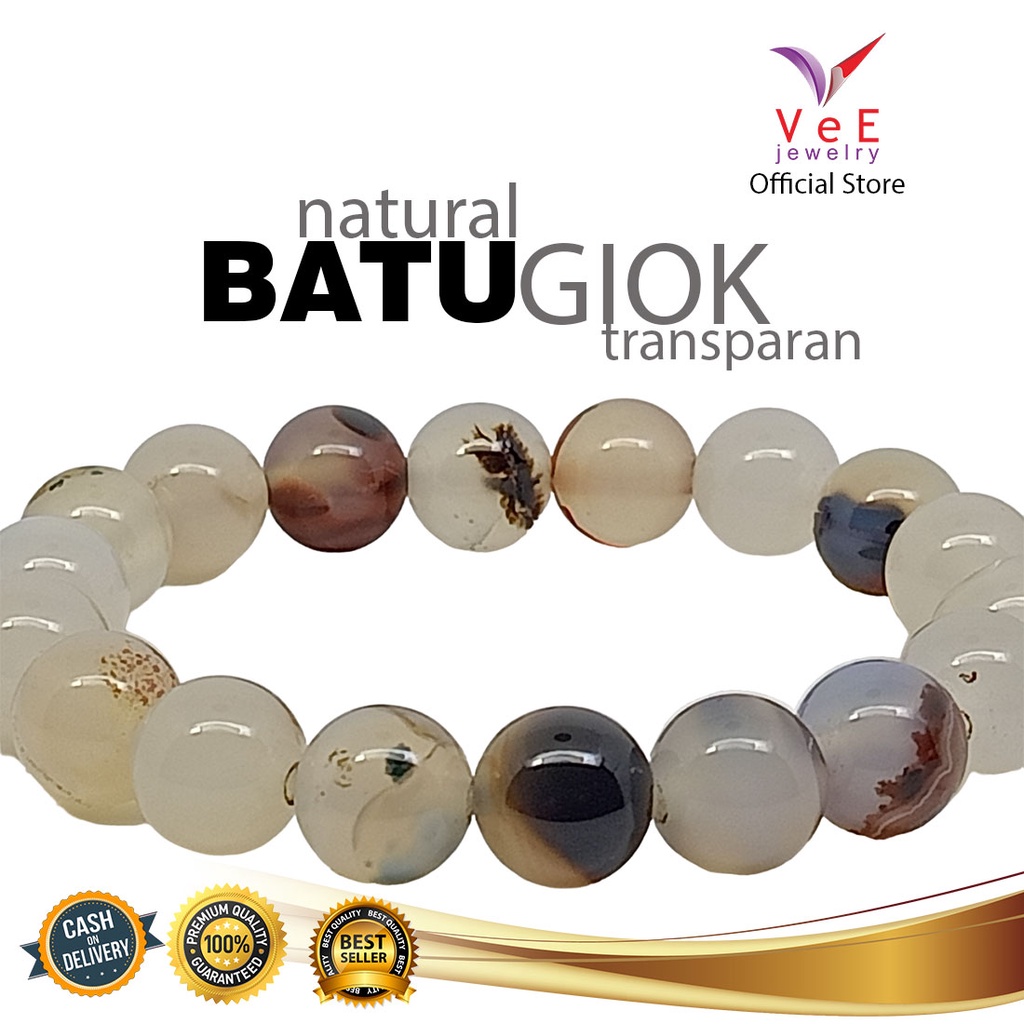 Gelang Batu Giok Cina Asli 10mm Putih Transparan - VeE Bracelet Batu Alam Terapi Kesehatan