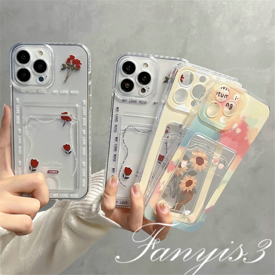 Redmi A1 Plus 10C 10A 10 9A 9C 9 9T Note 11s 10s 9s 11 10 9 8 Pro Poco X3 NFC X3Pro Mi 11 12 Lite 11T Pro Rose Sunflower Card Holder Phone Case Clear TPU Soft Cover Pelindung