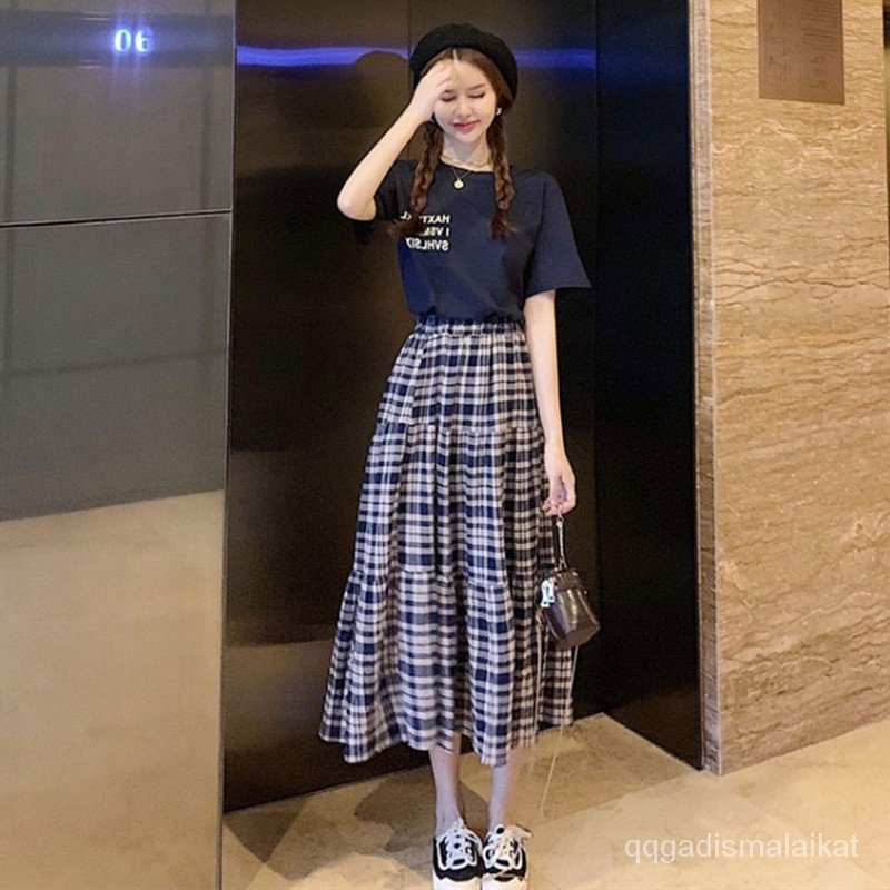 Rok kotak-kotak rok wanita korea rok motif kotak rok midi skirt rok hitam