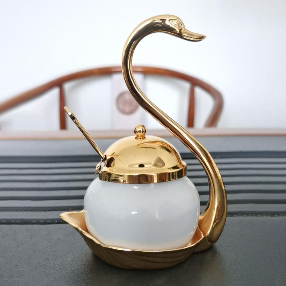 [Elegan] Garam Mengandung Gaya Eropa Kreatif Dengan Tutup Dan Sendok Untuk Lada Kopi Teh Jar Kaca Bumbu Alloy Tahan Lama