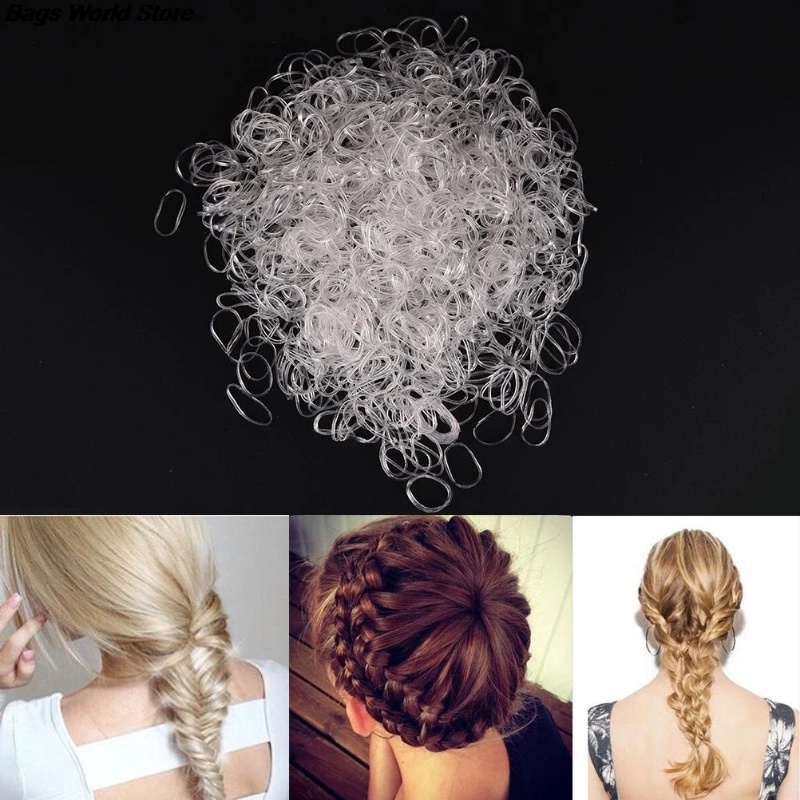 [Unggulan] Karet Gelang Rambut Mini Dengan Kotak/Tas Karet Rambut Elastis Wanita Perempuan Ikatan Ikat Ponytail Holder Ikat Rambut 1000pcs/pack Rambut Transparan Tali Elastis Rubber Band