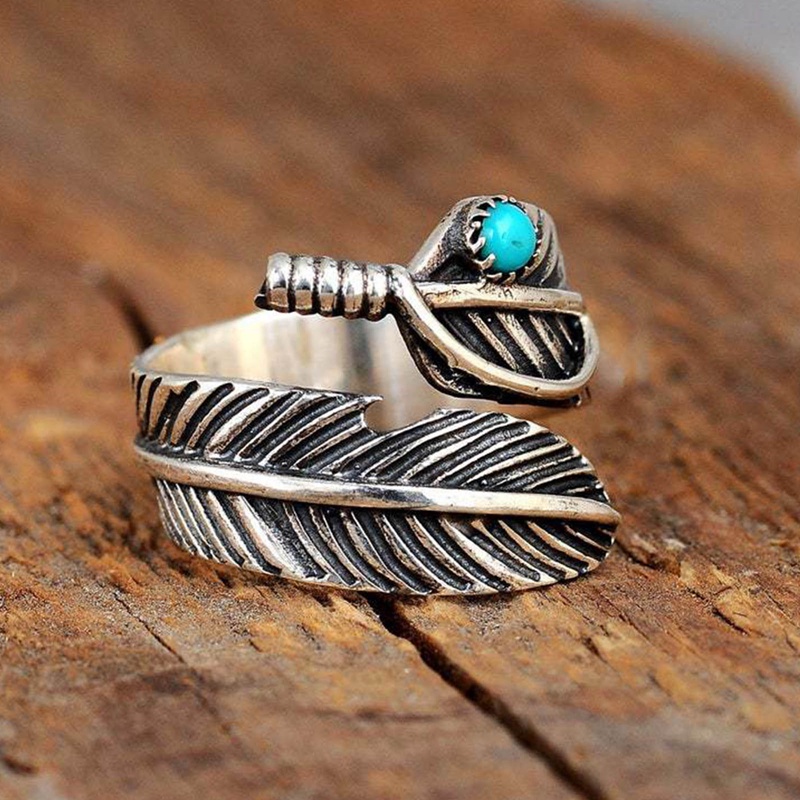 Fashion Bohemian Perhiasan Turquoise Feather Ring Wanita Pesta Boho Aksesoris Hadiah Pernikahan Adjustable Rings Untuk Wanita