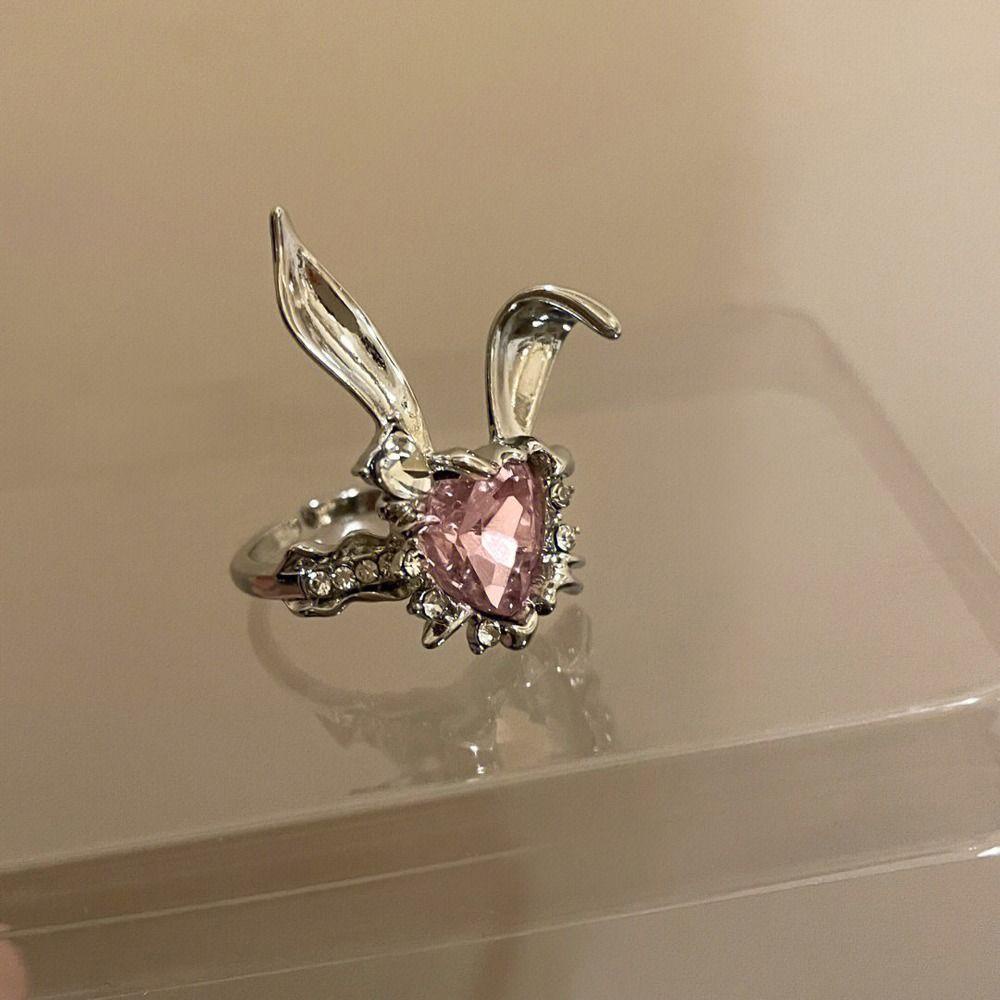 Mxbeauty Wanita Cincin Trendi Indah Menawan Desain Niche Hadiah Gadis Telinga Kelinci Manis Zirkon Hati Merah Muda Gaya Korea Ring