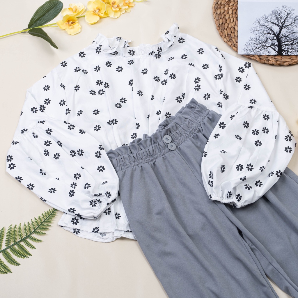 IL - SETELAN BYTHA MOTIF BUNGA TERBARU / ONE SET KULOT BUTTON 2 KANCING BAHAN CREPE PREMIUM-BYTHA PUTIH+ABU