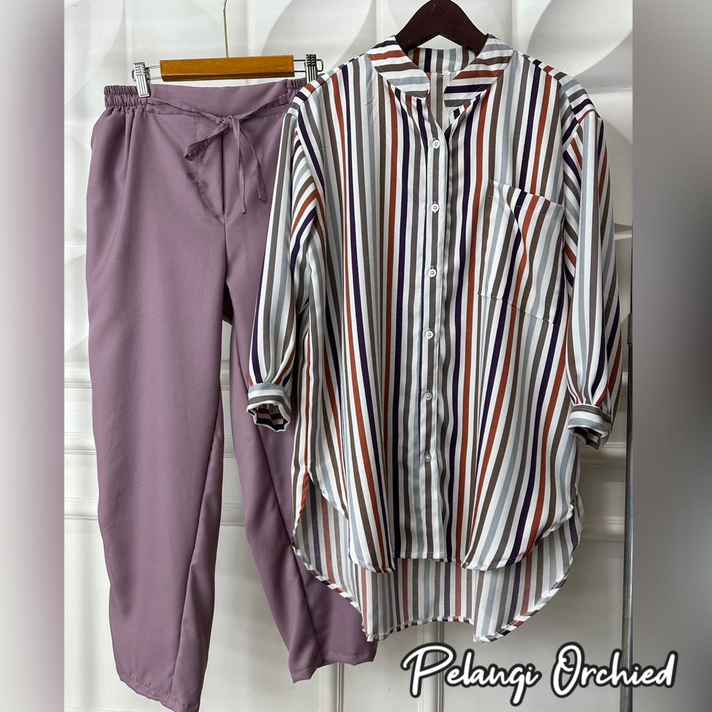 Oneset Eisya Pelangi Setelan Wanita Celana Pinggang Serut Motif Salur Garis Lurik Bahan Syakila Jumbo Up size BB 100kg Setrip