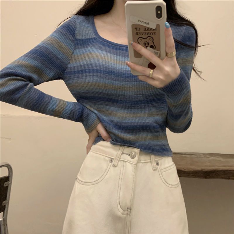 Red Awal Musim Gugur 2022 Gaya Korea Baru Slim Kerah Persegi Slim Bergaris Kemeja Wanita Lengan Panjang Rajutan Sweater chic Top