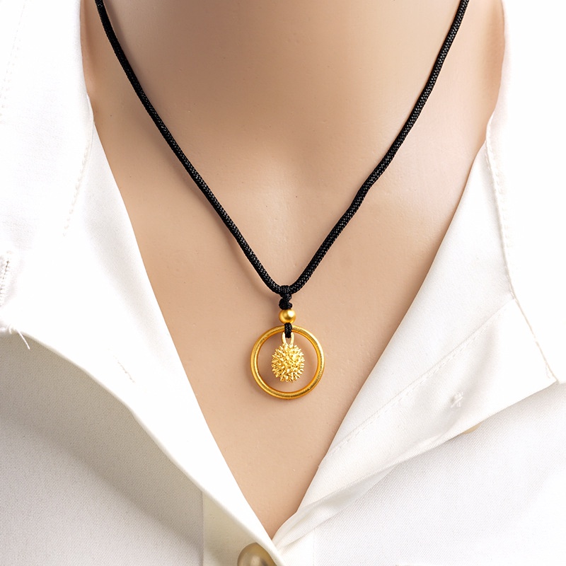 Goldkingdom Perhiasan Fashion Emas Asli Kadar 375Bangkok Aksesoris Ready Stock Kalung Durian Lingkaran Perdamaian Lapis Emas Kuno Dapat Ditarik Adjustable Liontin Tali Hitam