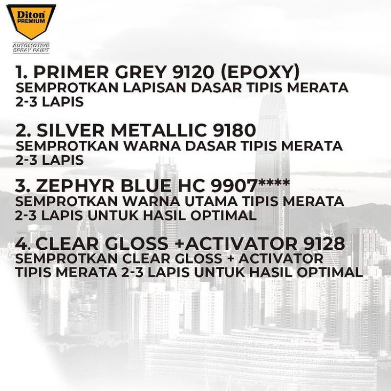 Pilok Cat Diton Premium Paket Lengkap 4 Kaleng 400cc Zephyr Blue Biru Metalic Metalik 9907 Primer Grey 9120 Silver Metalic 9180 Clear Glossy 9128 Pilox Cat Semprot Paketan Komplit