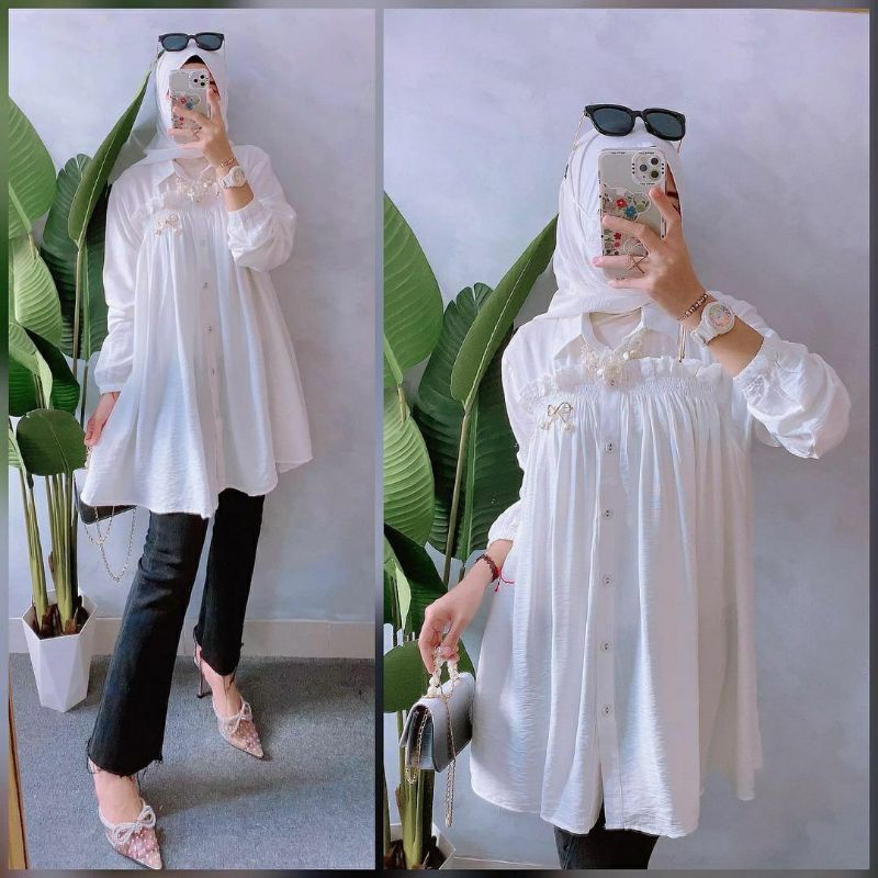 Shanaz Top, BLOUSE PUTIH WANITA CANTIK MODIS FIT XXL LD 112 BAHAN LINEN CRINCLE PREMIUM TERMURAH OOTD KEKINIAN TERLARIS