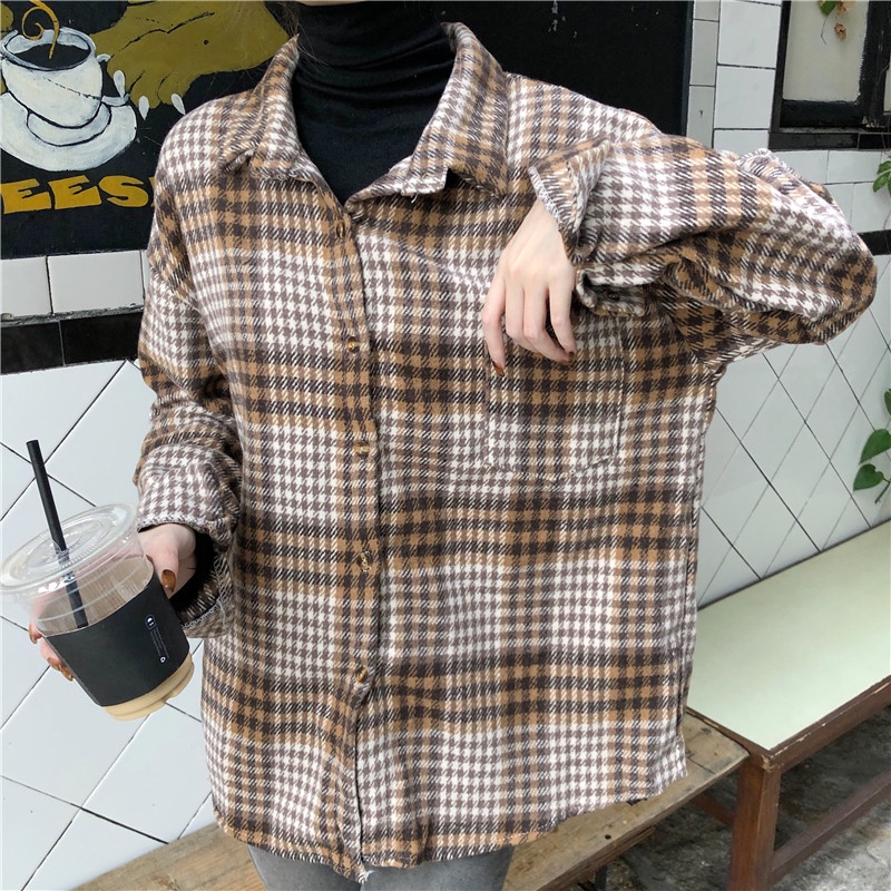 Kemeja kotak-kotak korea wanita lengan panjang tartan wanita