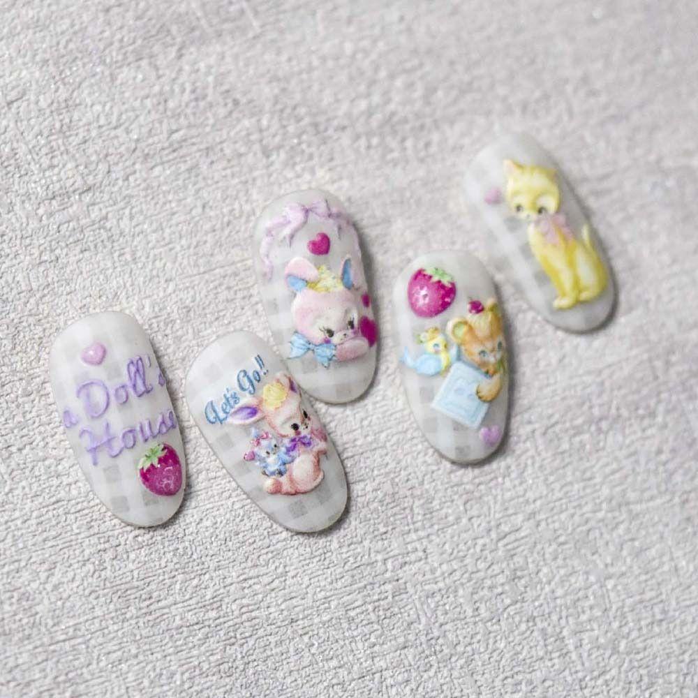 AUGUSTINA Agustina Kartun Stiker Kuku Wanita 5D Relief Manikur Aksesoris Bunga Perekat Diri Beruang Stiker Kuku