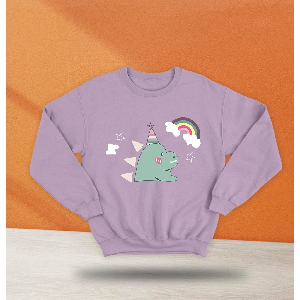 SWEATER CREWNECK DINO WITH RAINBOW SWEATSHIRT WANITA / SWEATER WANITA TEBAL