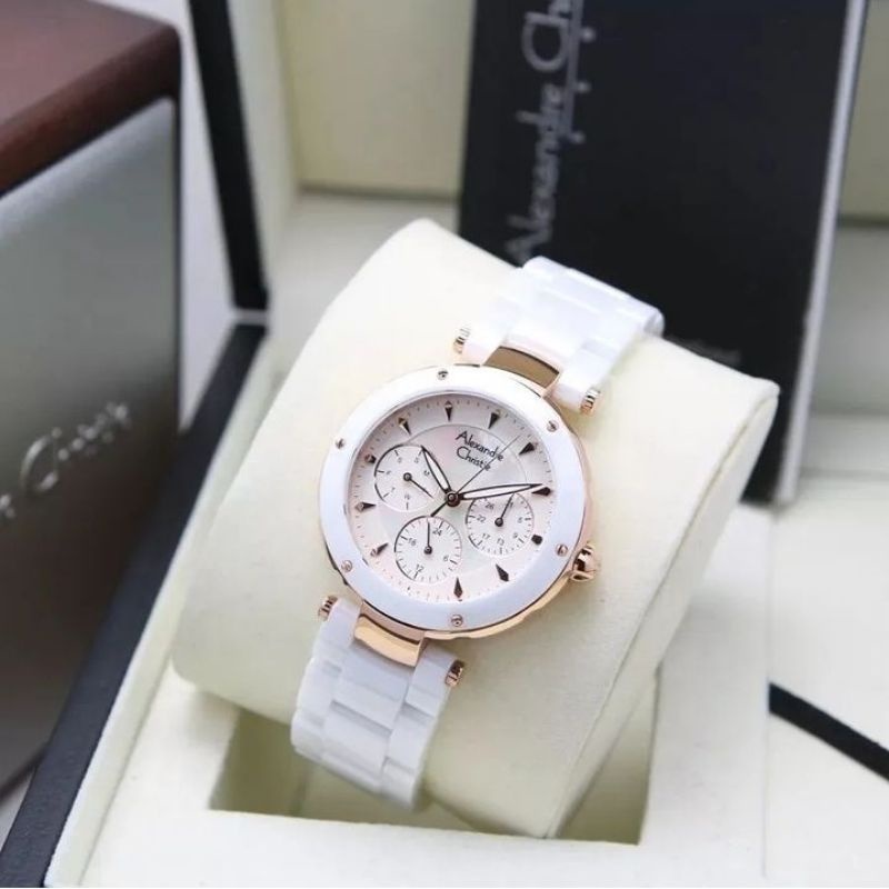 JAM TANGAN WANITA ALEXANDER CHRISTIE AC 2807 KERAMIC ROSEGOLD WHITE AC 2807 ORIGINAL