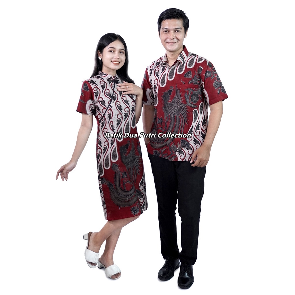 Couple Batik Dress Wanita Hem Pria Lengan Pendek Batik Merak Merah