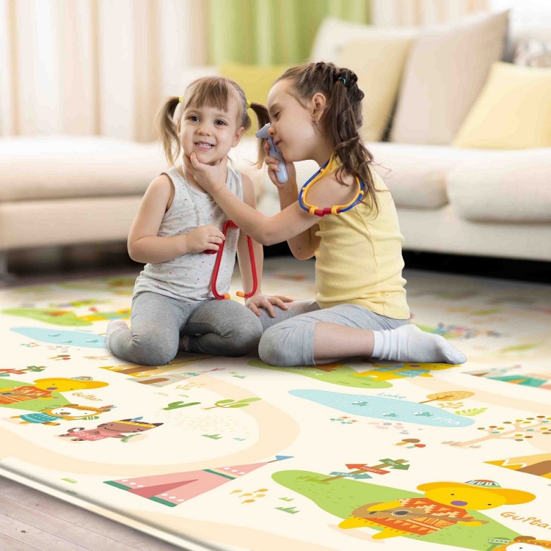 CobyHaus Playmat PVC Size XL (235 x 140 x 1.6 cm) - Yellow Bear Indian Village Grey