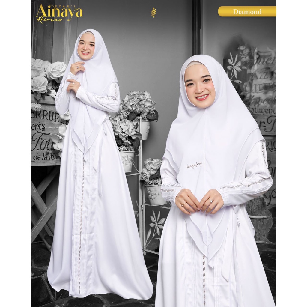 GAMIS AINAYA SET KHIMAR HIJAB WHITE DIAMOND BY INAYALESY BAJU BUSANA MUSLIM WANITA MUSLIMAH HARIAN L