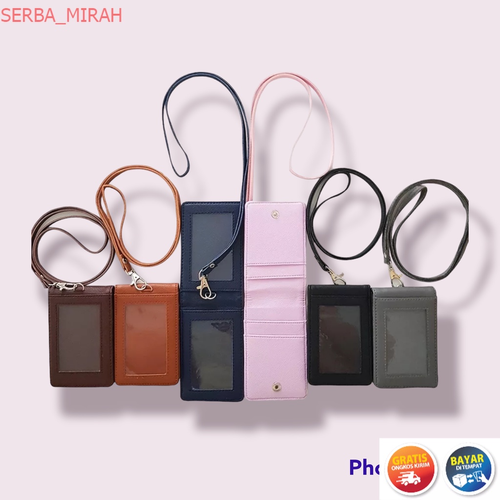 

SM_ Lanyard ID Card Holder Name Tag Kulit Dua Sisi Bolak Balik Mika Kancing 6 Slot Dompet Kartu Gantung Leher Leather