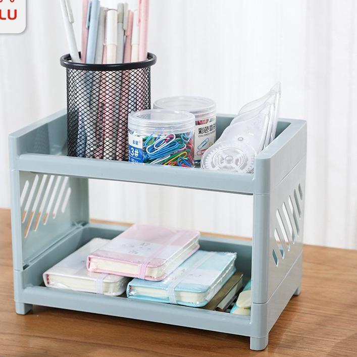 ◘ Halu Rak Penyimpanan Rak Kosmetik Rak Buku Multifungsi Double Deck Desktop Storage Organiser 2 Tin