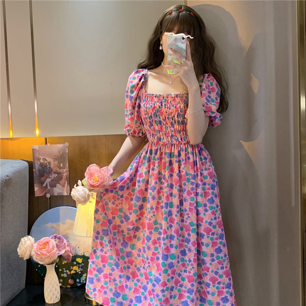 2022 New Fashion Korean Style Chiffon Floral Print Casual Midi Dress Pink Blue Summer Short Sleeve Sexy Off Shoulder Women Beach Bali Dresses 2023t