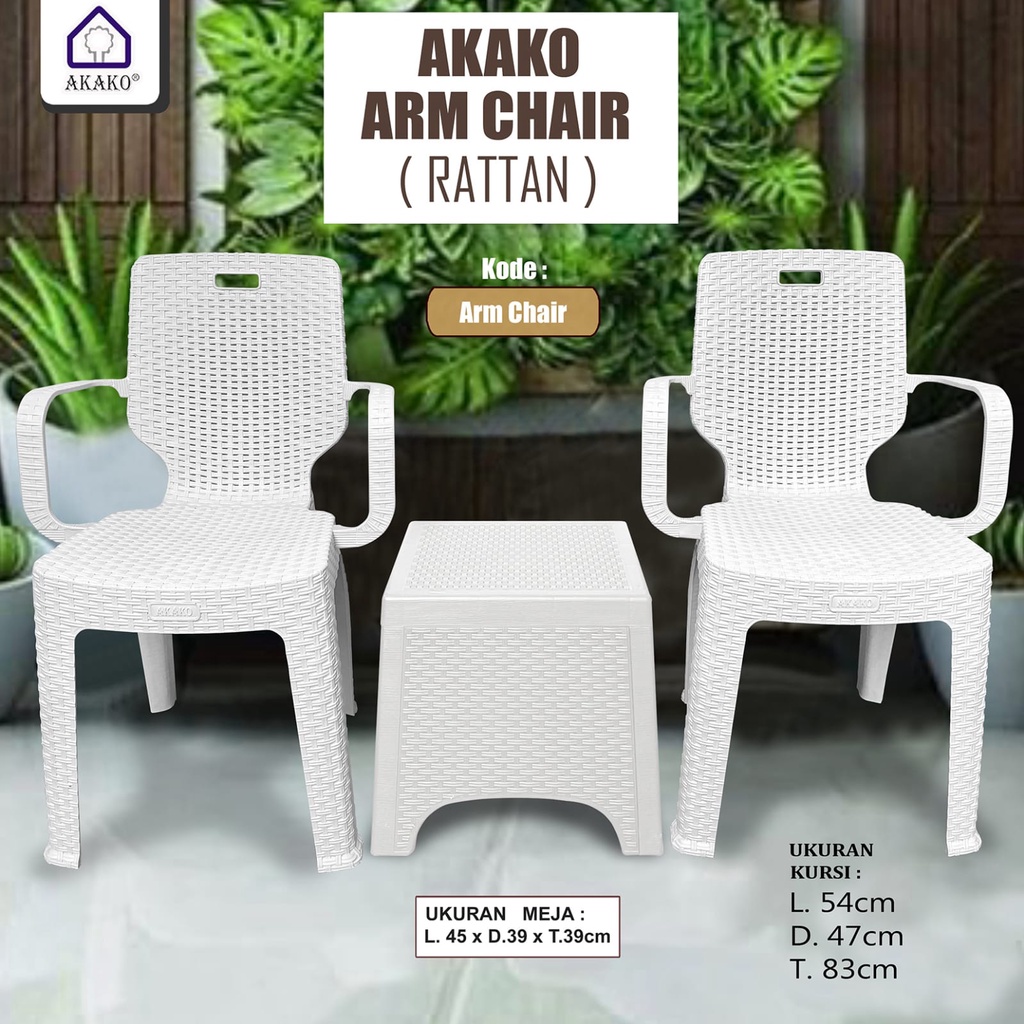AKAKO - KURSI PLASTIK ARM CHAIR (RATTAN) SET - Kursi Teras & Meja Rotan Plastik Minimalis