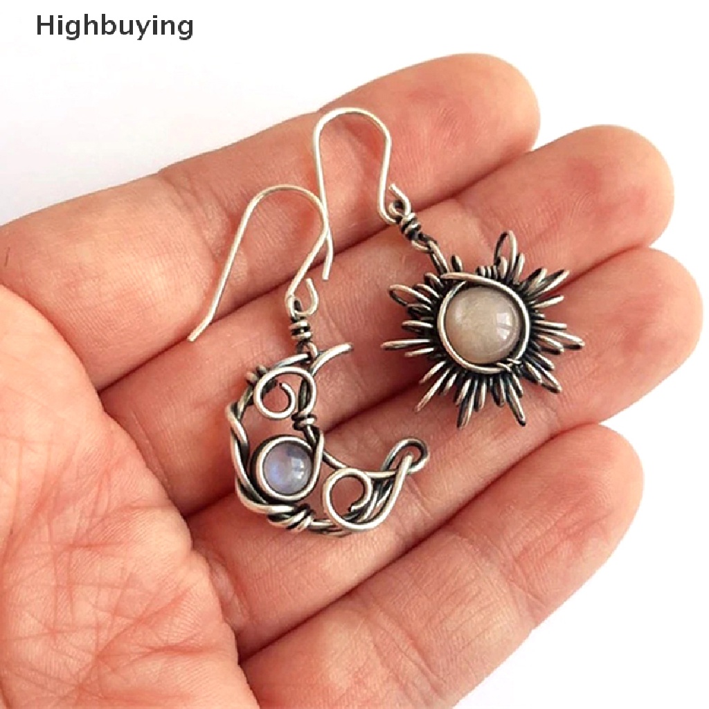 Hbid Retro Sun Moon Earrings Moonstone Asymmetric Earrings Woman Jewelry Hadiah Glory