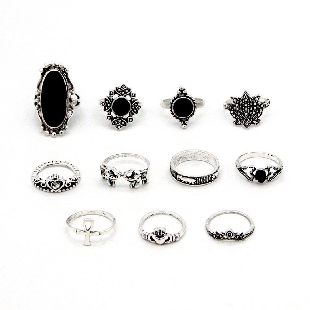 11 Pcs Kepribadian Fashion Hitam Imitasi Permata Cincin Untuk Wanita Retro Mahkota Gajah Lotus Cincin Perempuan Perhiasan Hadiah Pesta