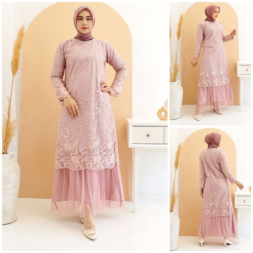 (Pasti RealPict) Gamis Arini FULL Tile Bordir Mutiara Glitter Brukat Tulle Brokat Maxi Dress Pesta