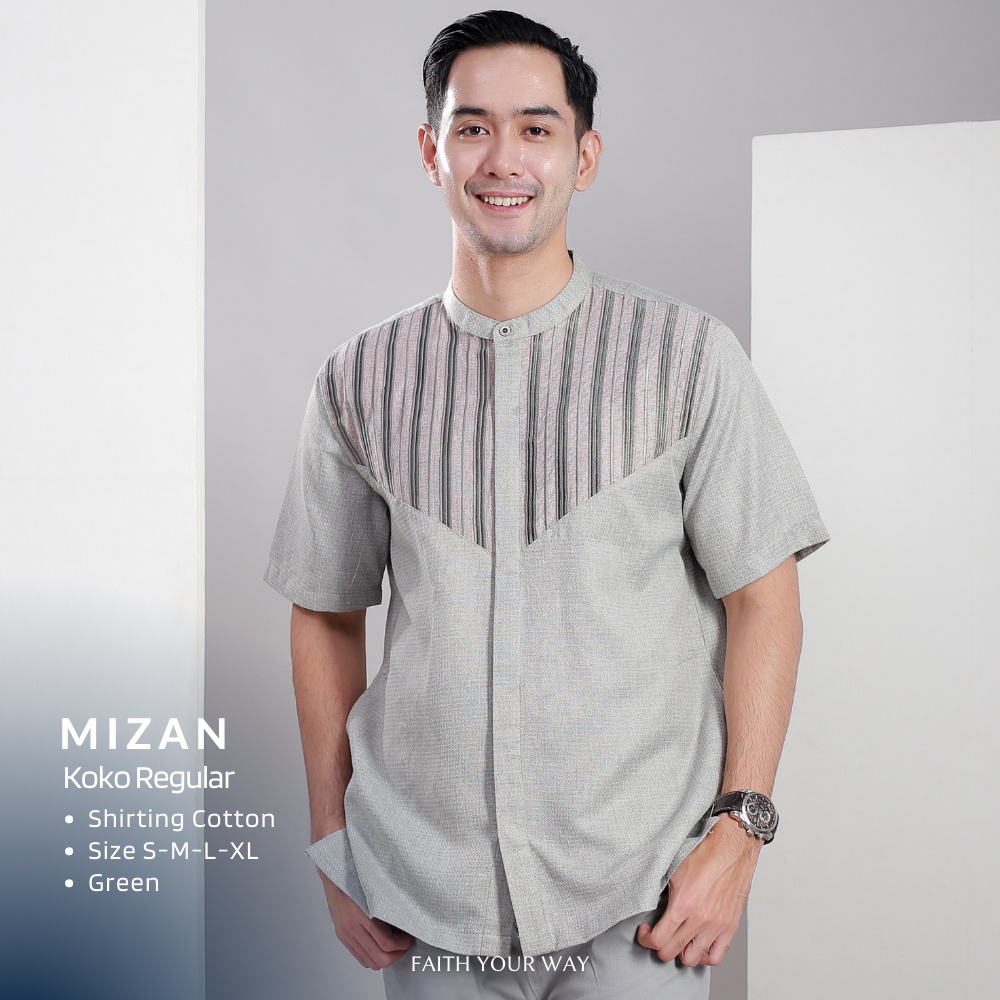 Muslimadani Baju Koko MIZAN Kemko Dewasa Lengan Pendek Baju Muslim Kemeja Koko Pria Bordir-GREEN