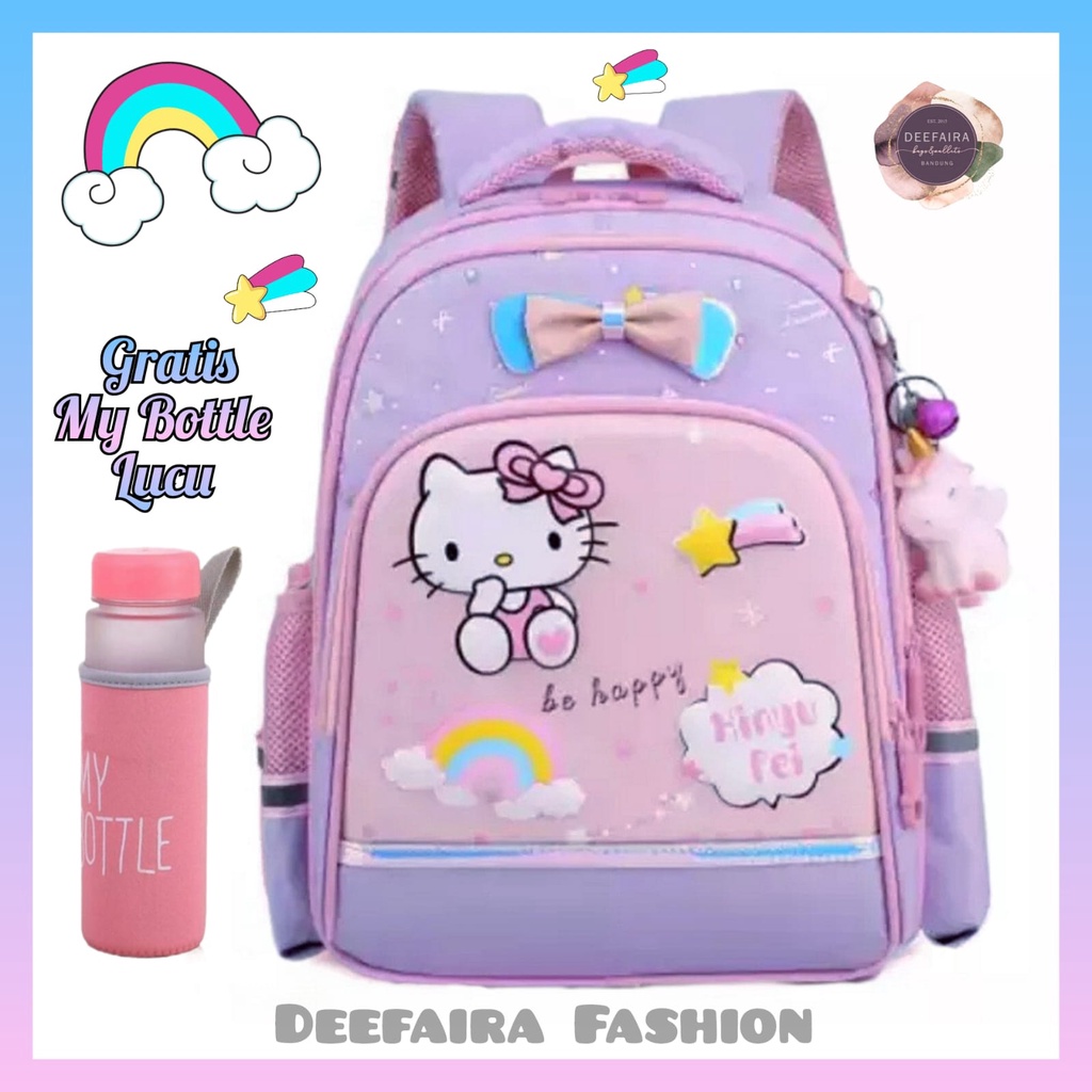 Tas Sekolah Anak Perempuan Tk Sd Smp Motif Cat Pita Gratis Botol Minum Lucu