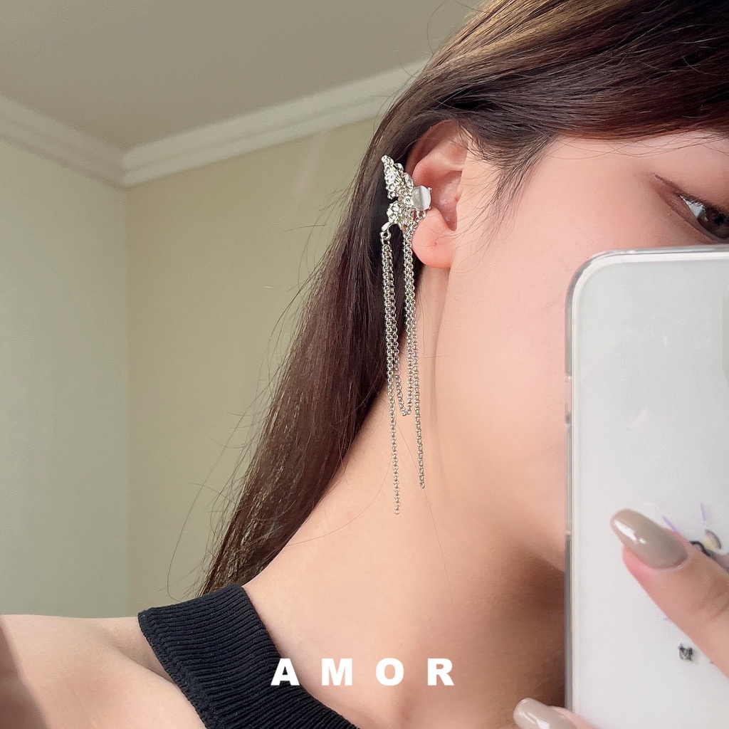 Tulang Telinga Rumbai Panjang Dengan Sayap Kupu-Kupu Batu Terang Bulan Perempuan ins Tanpa Lubang Telinga ear clip earrings