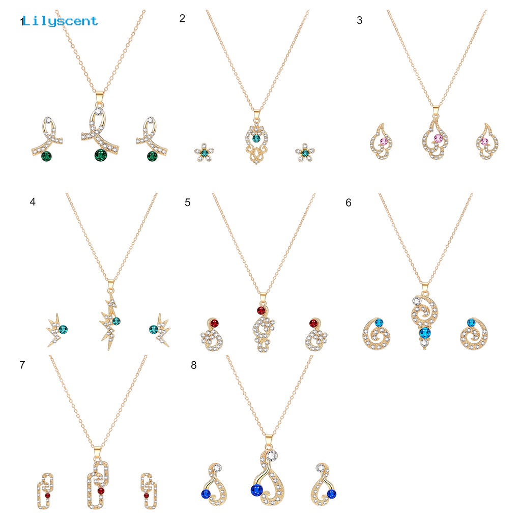 [LS] 1set Wanita Kalung Anting Geometris Elegan Hias Sparkling Adjustable Perhiasan Hadiah Faux Gem Lady Fashion Berlian Imitasi Mengkilap Liontin Kalung Anting Untuk Pesta