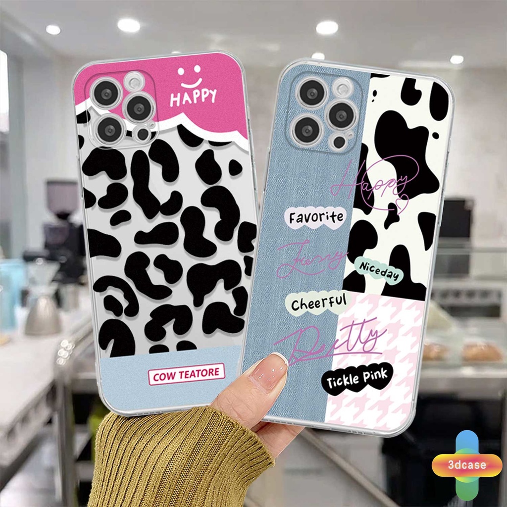 IPHONE Case Kompatibel Untuk For IPhone 11 12 13 PRO MAX 6 7 6S 8 Plus X XR XS MAX 11 12 13 Se 2020 6SPlus 7Plus 6Plus 8Plus XSMAX  Wavy Edge Cute Denim Patch Happy Leopard Print Bening Lembut TPU Pasangan Ponsel Case