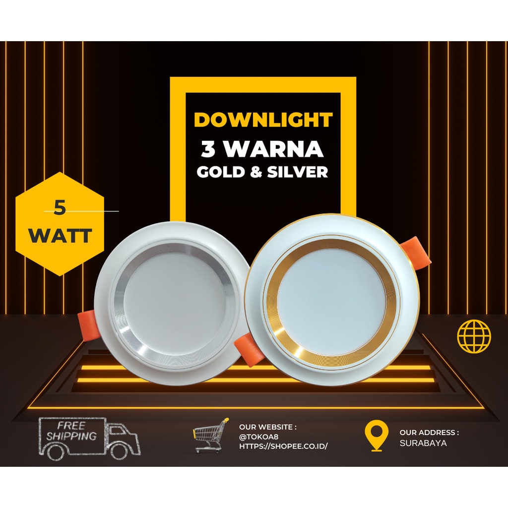 Downlight LED 3 Warna 5 Watt Gold / Silver