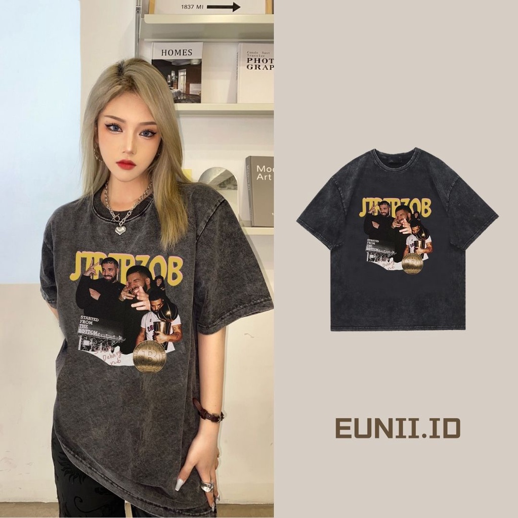 EUNII T-shirt Lengan Pendek Black Washed Hip Hop Boy Printing Korean Style/Kaos Atasan Wanita/Baju Wanita/Kaos Wanita