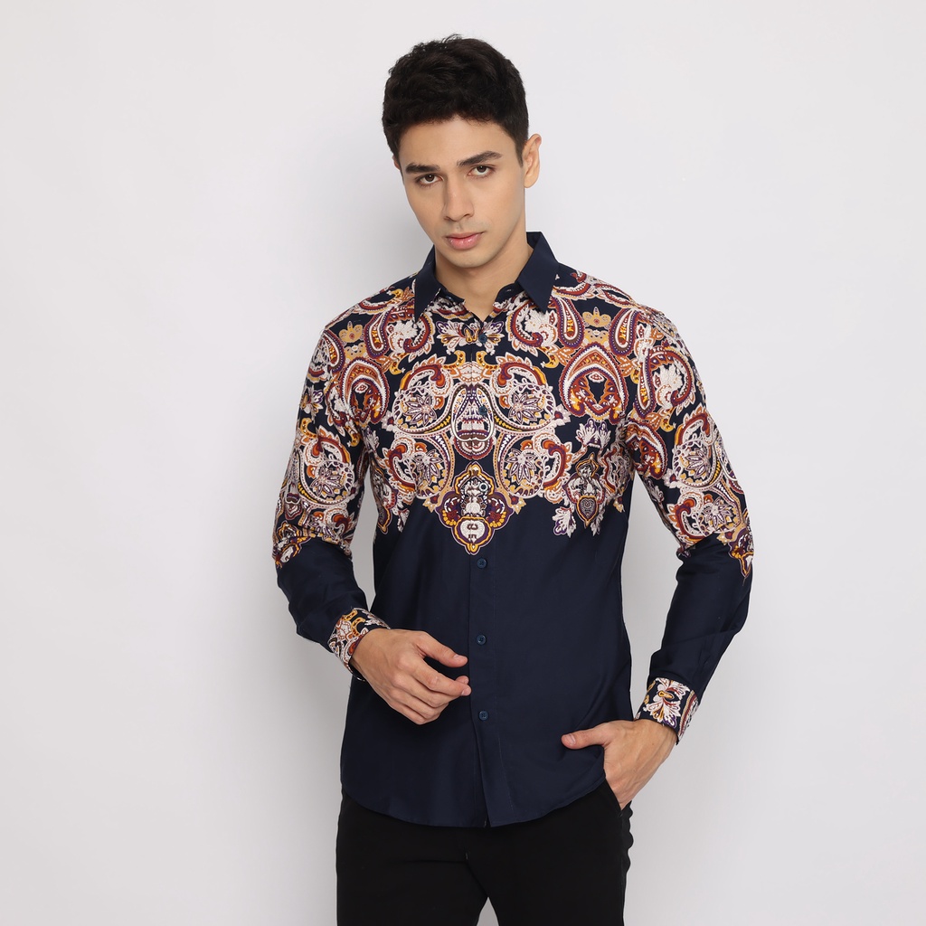 (SPECIAL BATIK) Platini Kemeja Batik Pria Lengan Panjang Katun Navy 36032