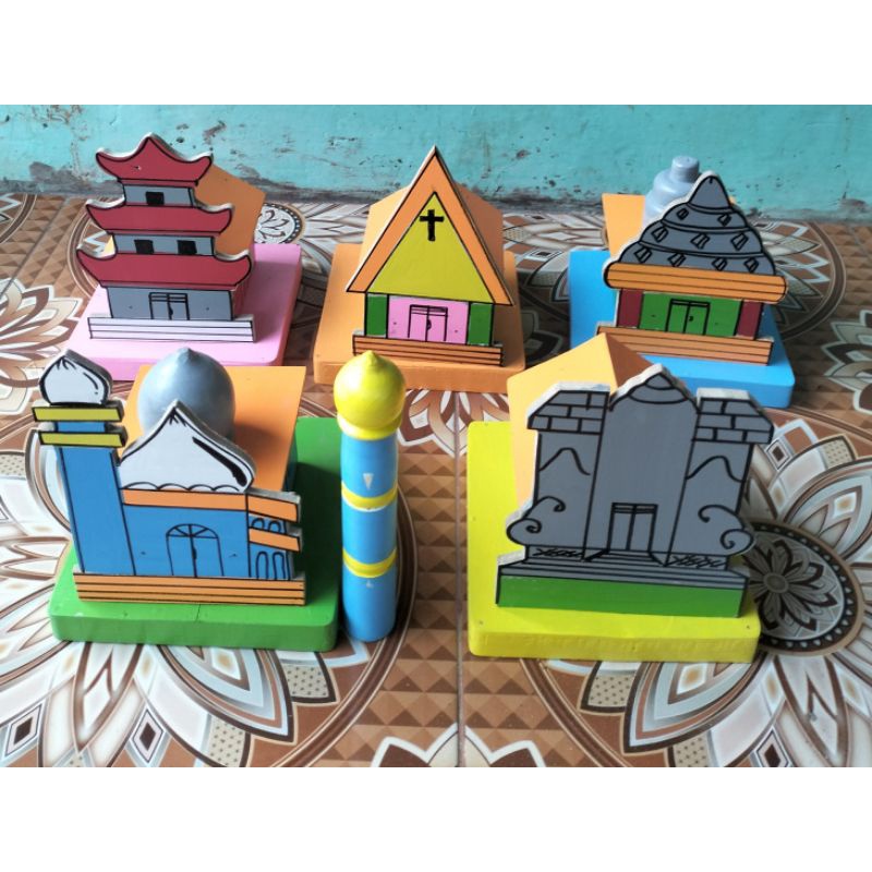 Miniatur Tempat Ibadah 5 Agama (3D) - Mainan Edukasi Alat Peraga Anak TK/Paud