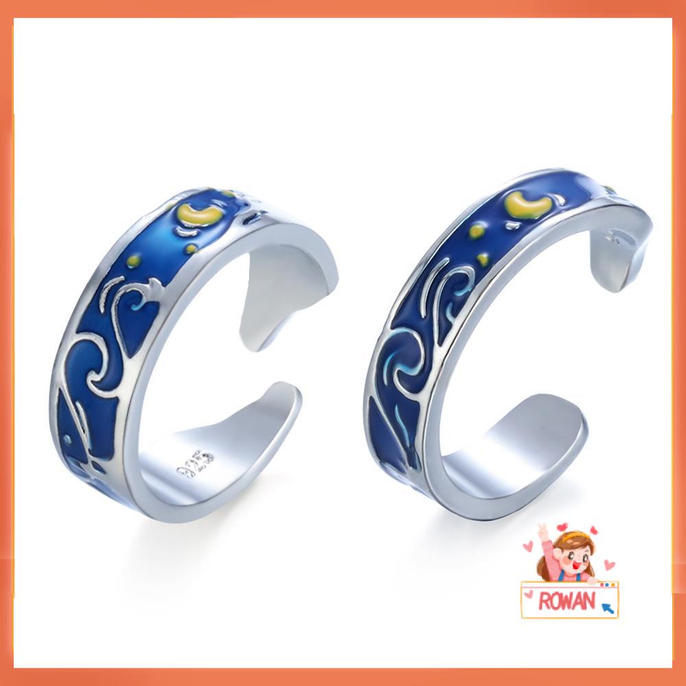 R-flower Couple Rings Wanita Pria Perhiasan Kekasih Biru Perak Plat Kawin Langit Berbintang