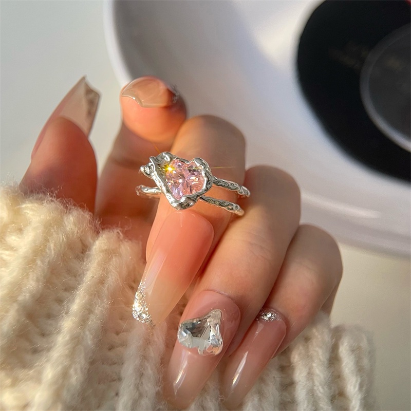 We Flower Korea s925 Perak Berkilau Pink Kristal Cincin Untuk Wanita Gadis Elegan Manis Berlian Imitasi Cincin Pertunangan Pesta Pernikahan Jari Perhiasan Hadiah Untuk Her