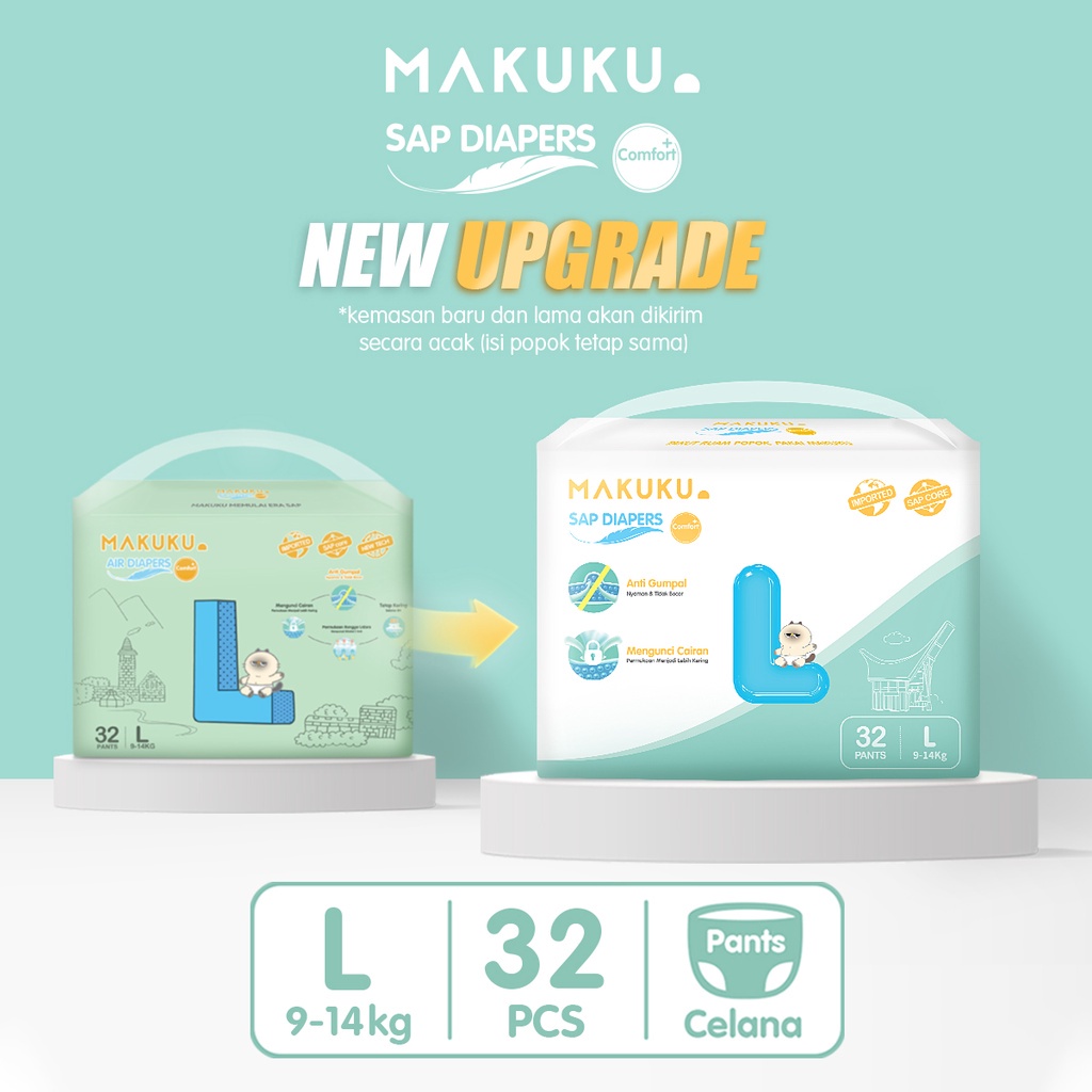 [BabyFriendly] MAKUKU Air Diapers Comfort+ Pants L32 / Popok bayi Tipis SAP anti gumpal cepat kering sekali pakai tipe celana/ Nyaman dan lembut