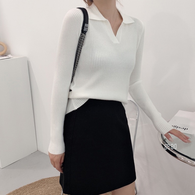 RH - BAJU RAJUT KERAH TIDUR KEMEJA SALUR SWEATER RAJUTAN ATASAN WANITA KEKINIAN