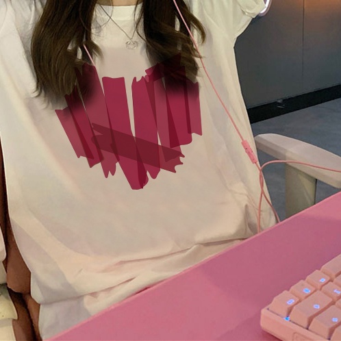 Print T-shirt Kaos Lengan Pendek Pink Graffiti Heart Atasan Wanita Oversize Korean Style