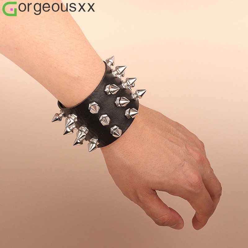 Retro Punk Fashion Berlebihan PU Kulit Gelang Ciri Tiga Baris Paku Rivet Gothic Gelang Perhiasan Pesta