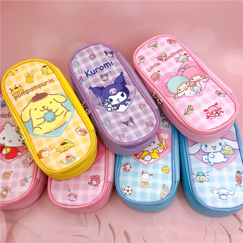 Melody Kuromi PU Kotak Alat Tulis Hello Kitty Cinnamoroll Pochacco Kartun Ritsleting Siswa Tas Pensil Tas Penyimpanan Kosmetik