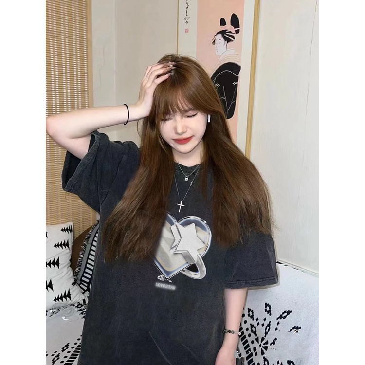 EUNII T-shirt Lengan Pendek Black Washed Vintage Heart Printing Korean Style/Kaos Atasan Wanita/Baju Wanita/Kaos Wanita